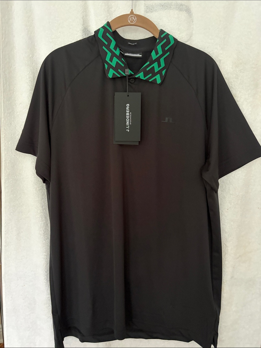 J.Lindeberg Black Polo with Green Geometric Collar